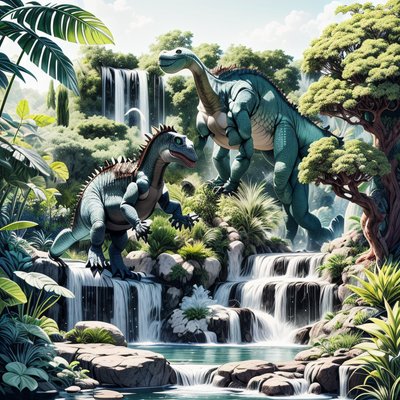 Jungle Waterfall Dinosaurs Digital Painting QR Code for Posters