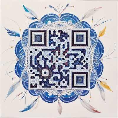 Blue Feather Mandala Tribal QR Code Art