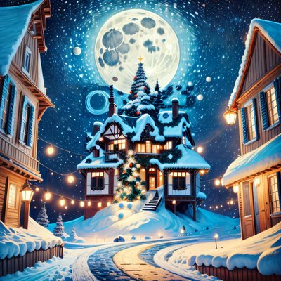 Snowy Christmas Village Night Moon QR Code for Greeting Cards