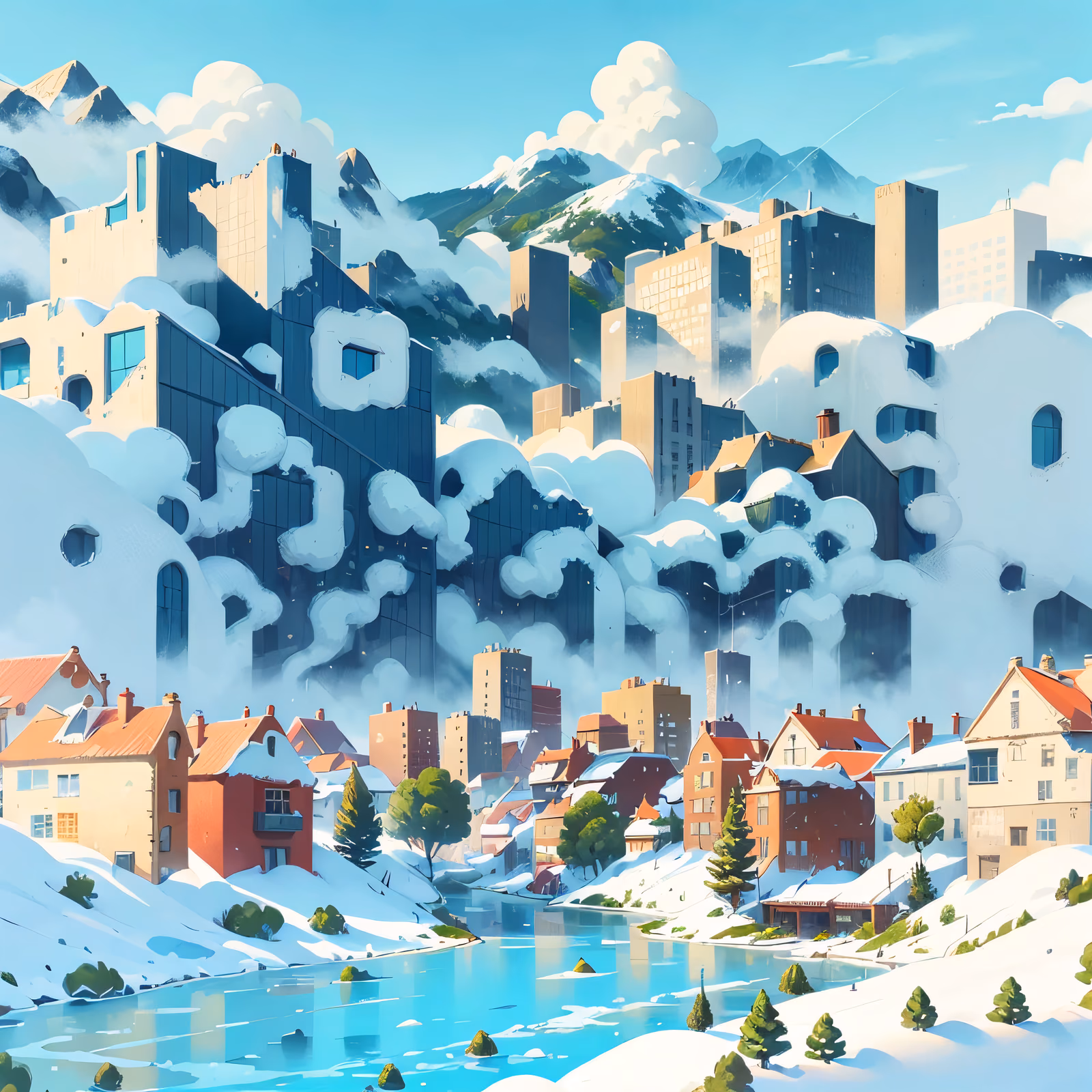 Snowy Hillside City Matte Painting River QR Code Art — image 1