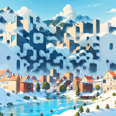 Snowy Hillside City Matte Painting River QR Code Art — image 1