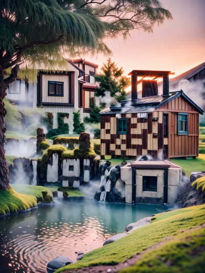Парящий горячий источник, пейзажное фото: QR-код для постеров