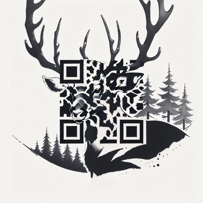 Stag and Pine Ink Drawing QR Code for Temporary Tattoos