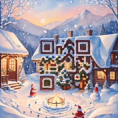Snowy Christmas Village Watercolor Mountains QR Code for Greeting Cards — image 1