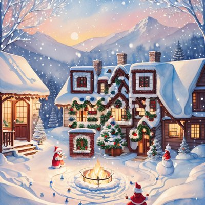 Snowy Christmas Village Watercolor Mountains QR Code for Greeting Cards