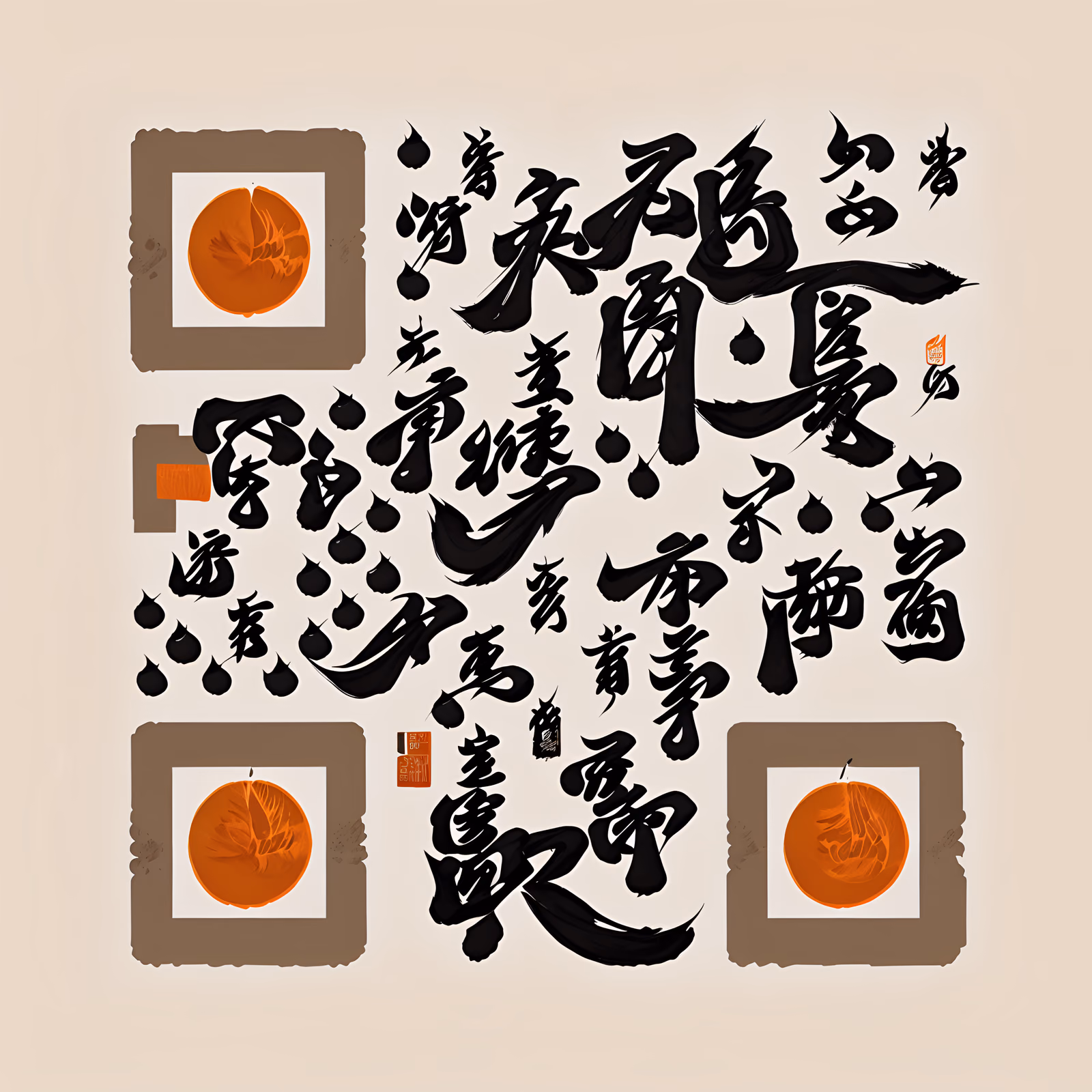 橙色水墨毛笔书法二维码艺术 — 图片 1