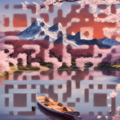 Cherry Blossom Lake Boat Painting QR Code Art — image 1