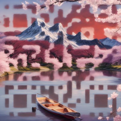 Cherry Blossom Lake Boat Painting QR Code Art