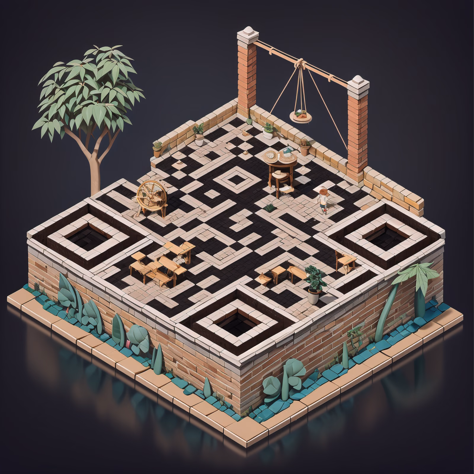 Isometric Brick Courtyard Diorama QR Code Art — image 1