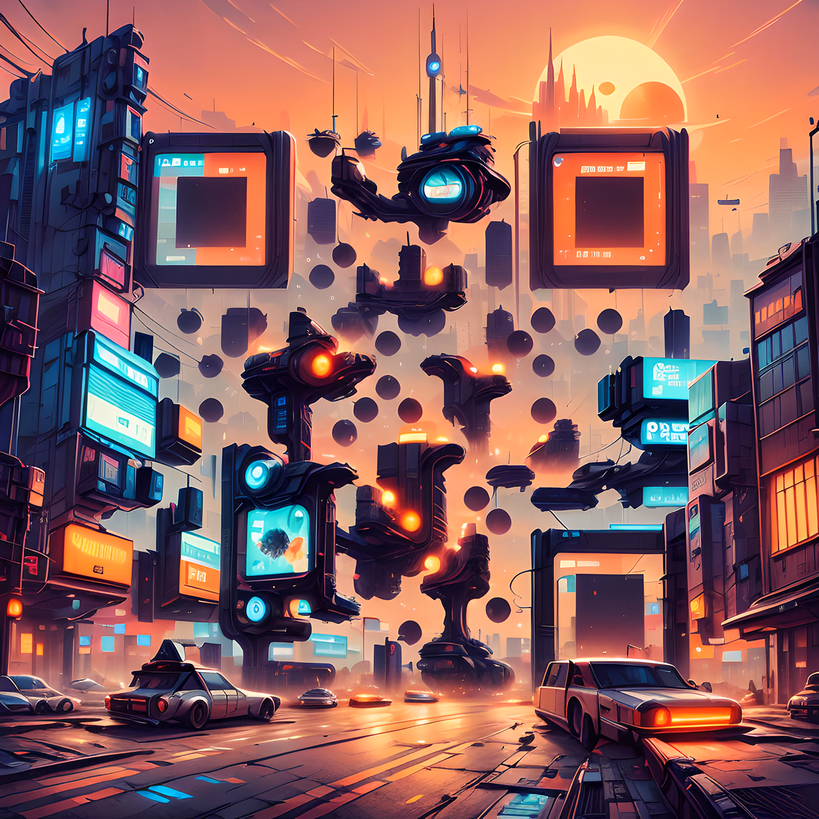 Киберпанк-город на закате, цифровой задник: QR-код для постеров — изображение 1
