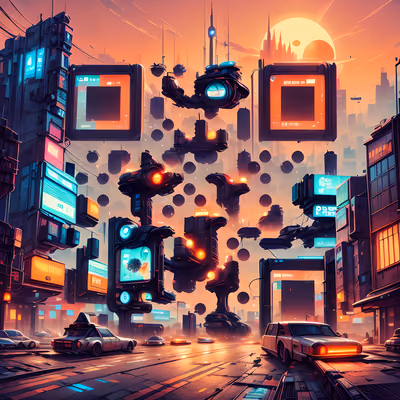 Киберпанк-город на закате, цифровой задник: QR-код для постеров — изображение 1