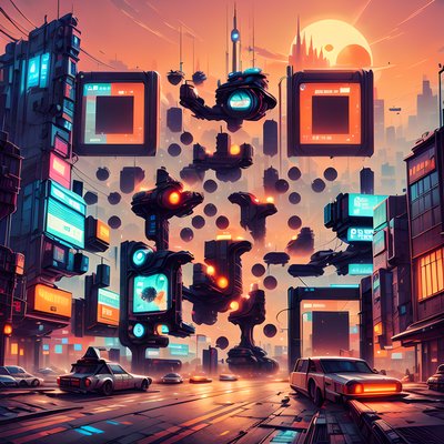 Cyberpunk Sunset City Matte Painting QR Code for Posters