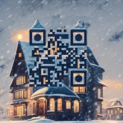 Заснеженный зимний дом: иллюстрация, QR-код для открыток
