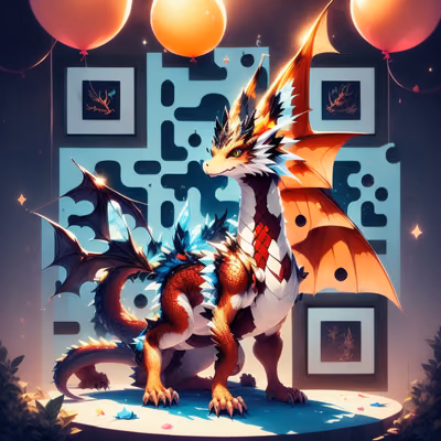 Orange Dragon With Balloons Fantasy QR Code Art — image 1