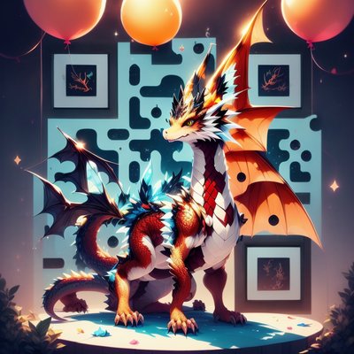 Orange Dragon With Balloons Fantasy QR Code Art