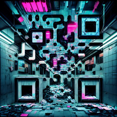 Glitch Subway Tunnel Cyberpunk QR Code for Posters