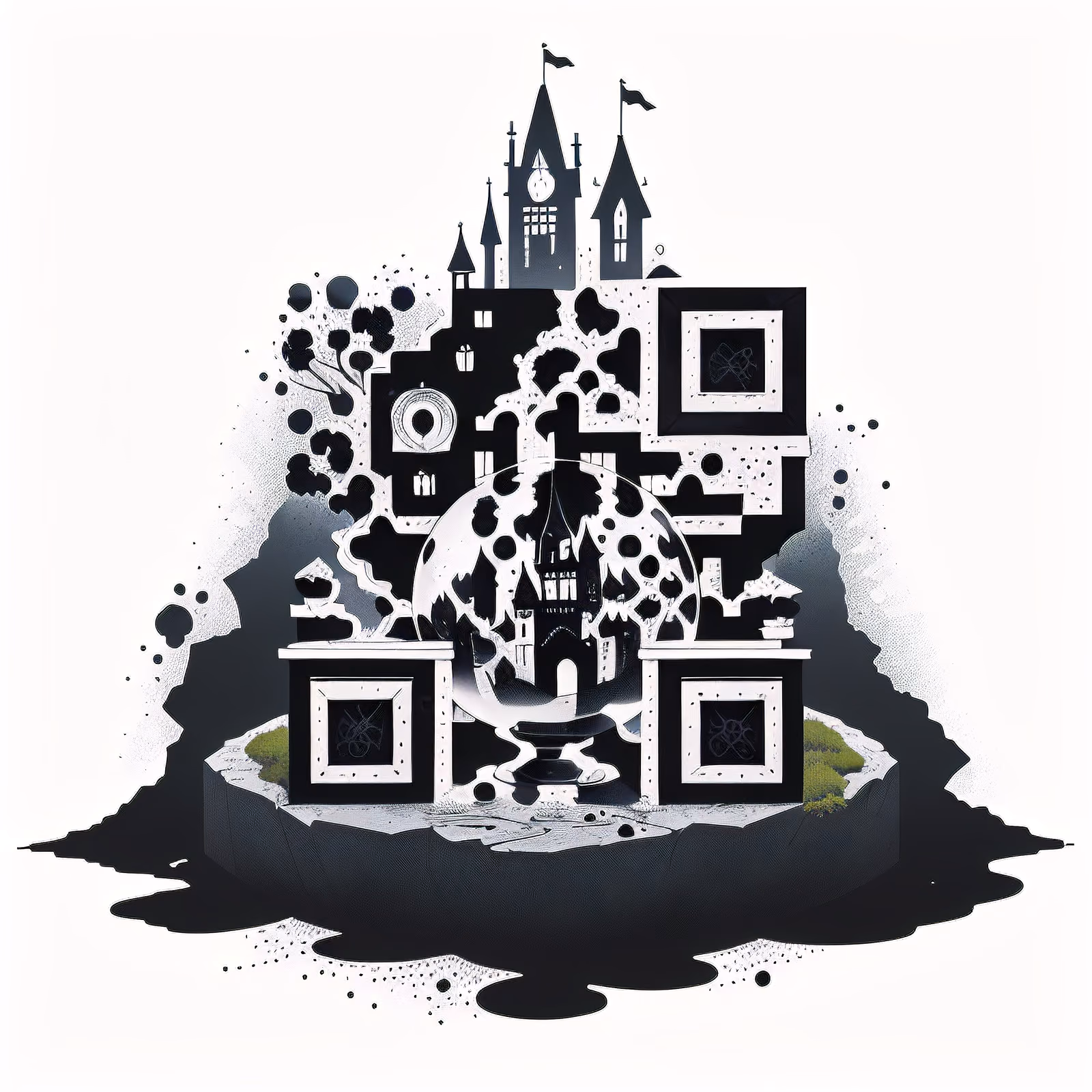 Crystal Ball Castle Ink Drawing QR Code Art — image 1