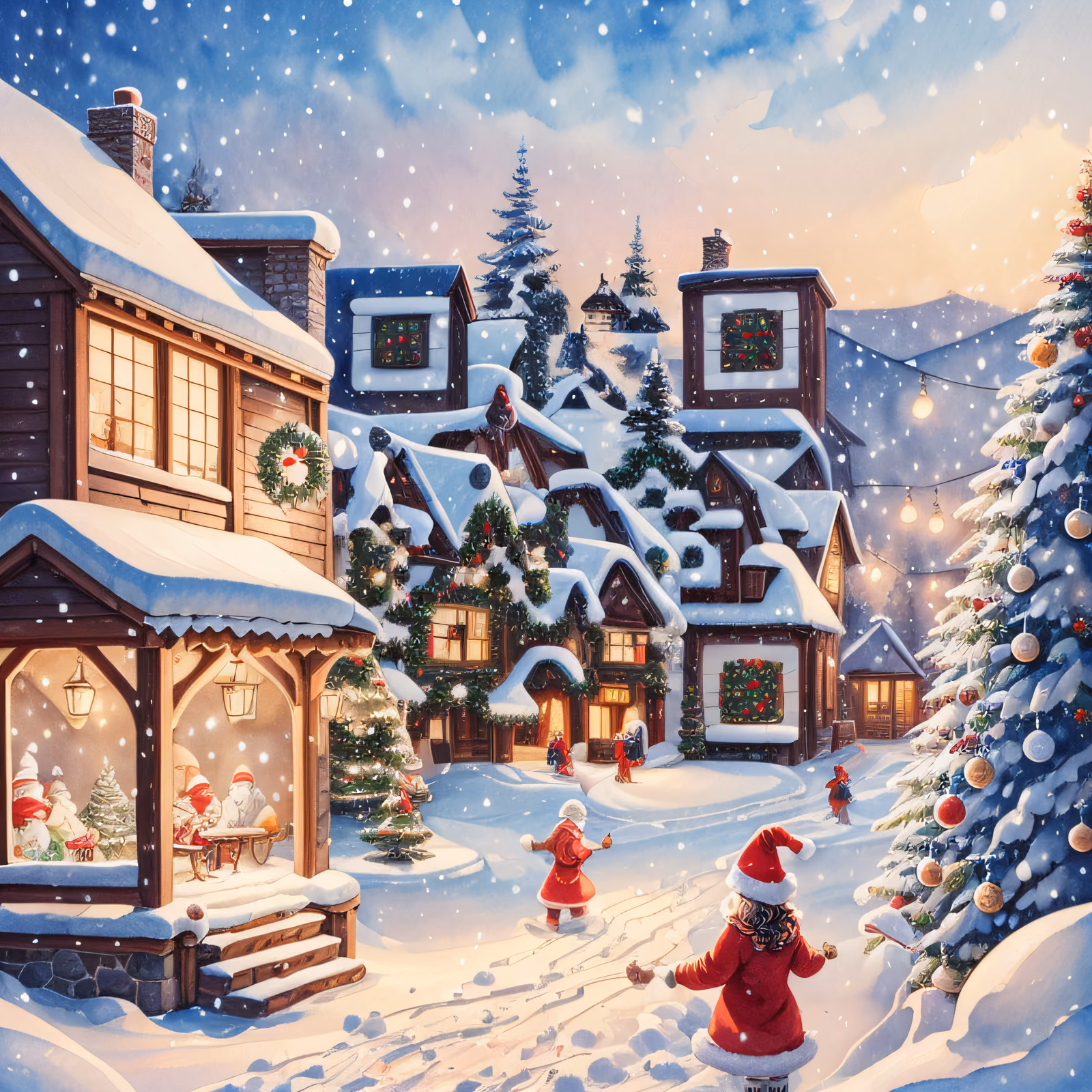 Snowy Christmas Village Watercolor Christmas Tree QR Code for Greeting Cards — image 1