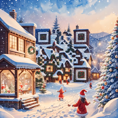 Snowy Christmas Village Watercolor Christmas Tree QR Code for Greeting Cards — image 1