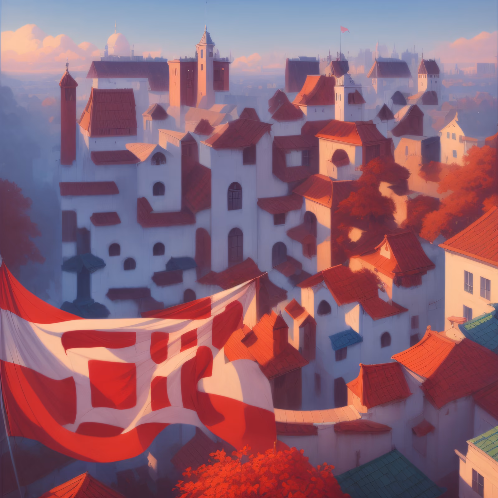 Red Roof Hillside Town Painting QR Code Art — image 1