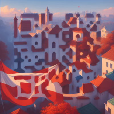 Red Roof Hillside Town Painting QR Code Art — image 1