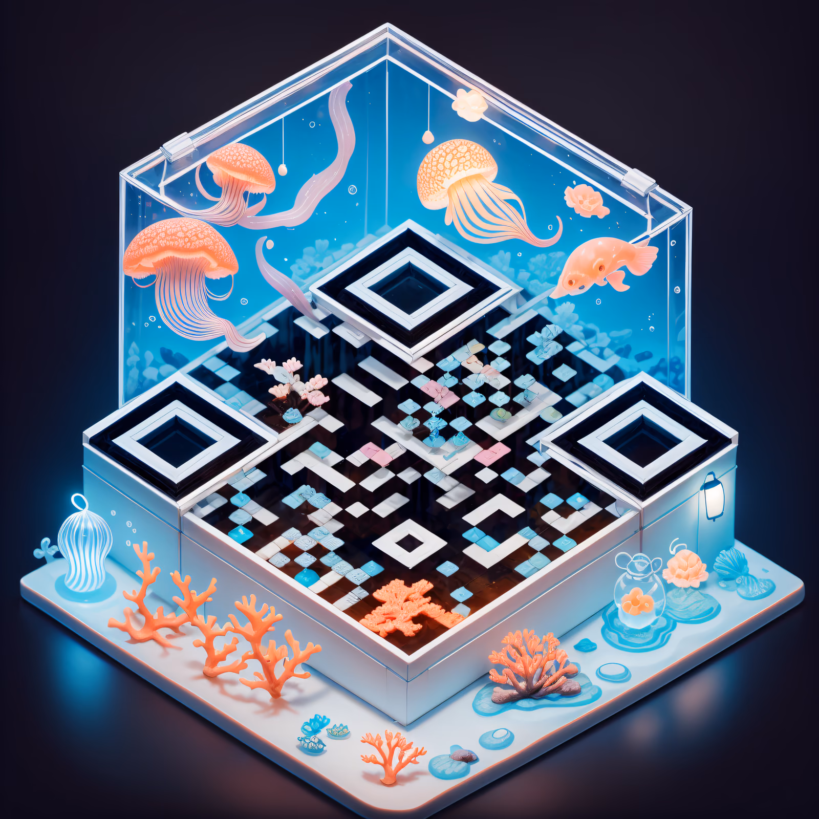 Изометрическая диорама с медузами в аквариуме: QR-код для постеров — изображение 1