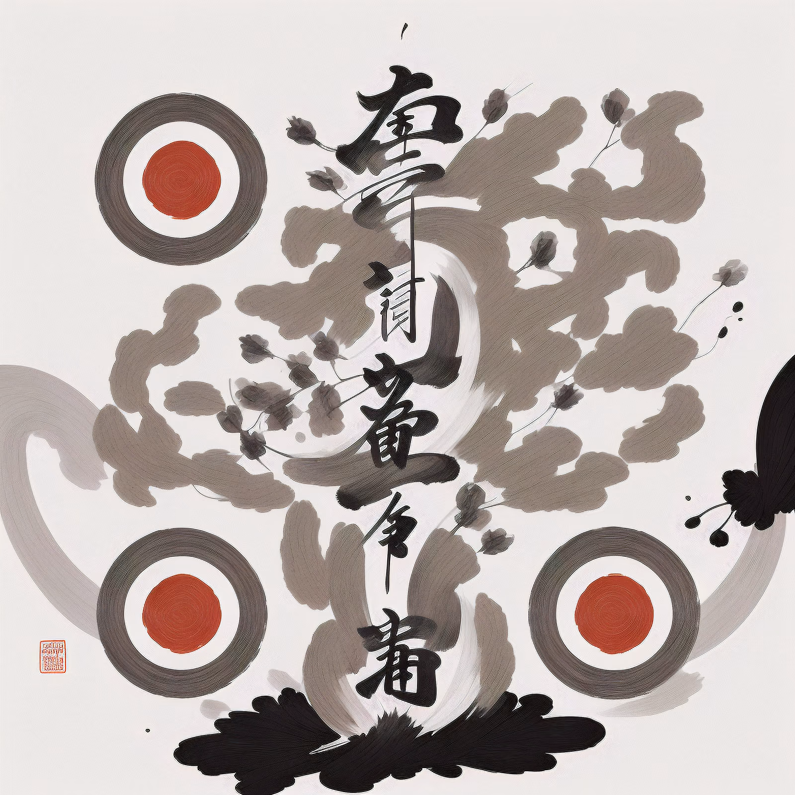 Ink Brush Calligraphy Red Suns QR Code Art — image 1