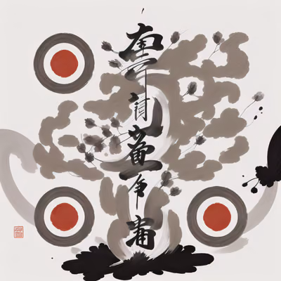 Ink Brush Calligraphy Red Suns QR Code Art — image 1