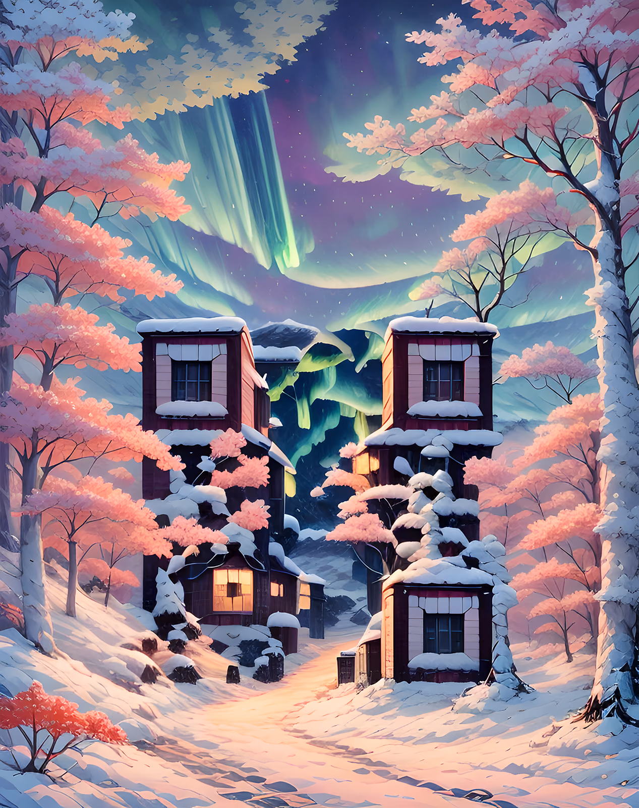 Aurora Winter Village Fantasy QR Code Art — image 1