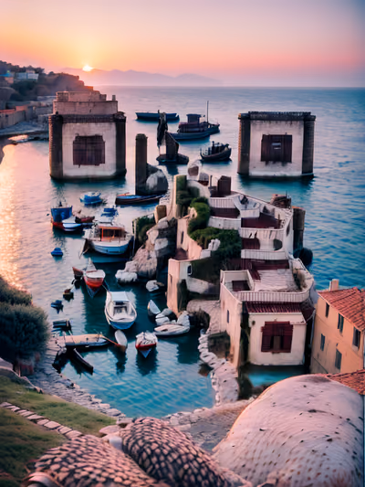 Seaside Fortress Harbor Sunset Photography QR Code for Posters — image 1