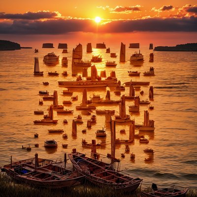 Sunset Harbor Boats Photorealistic QR Code Art