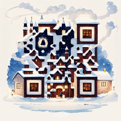 Заснеженные домики в деревне: акварельный QR-код для открыток