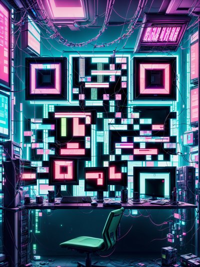 赛博朋克黑客房间霓虹二维码艺术海报