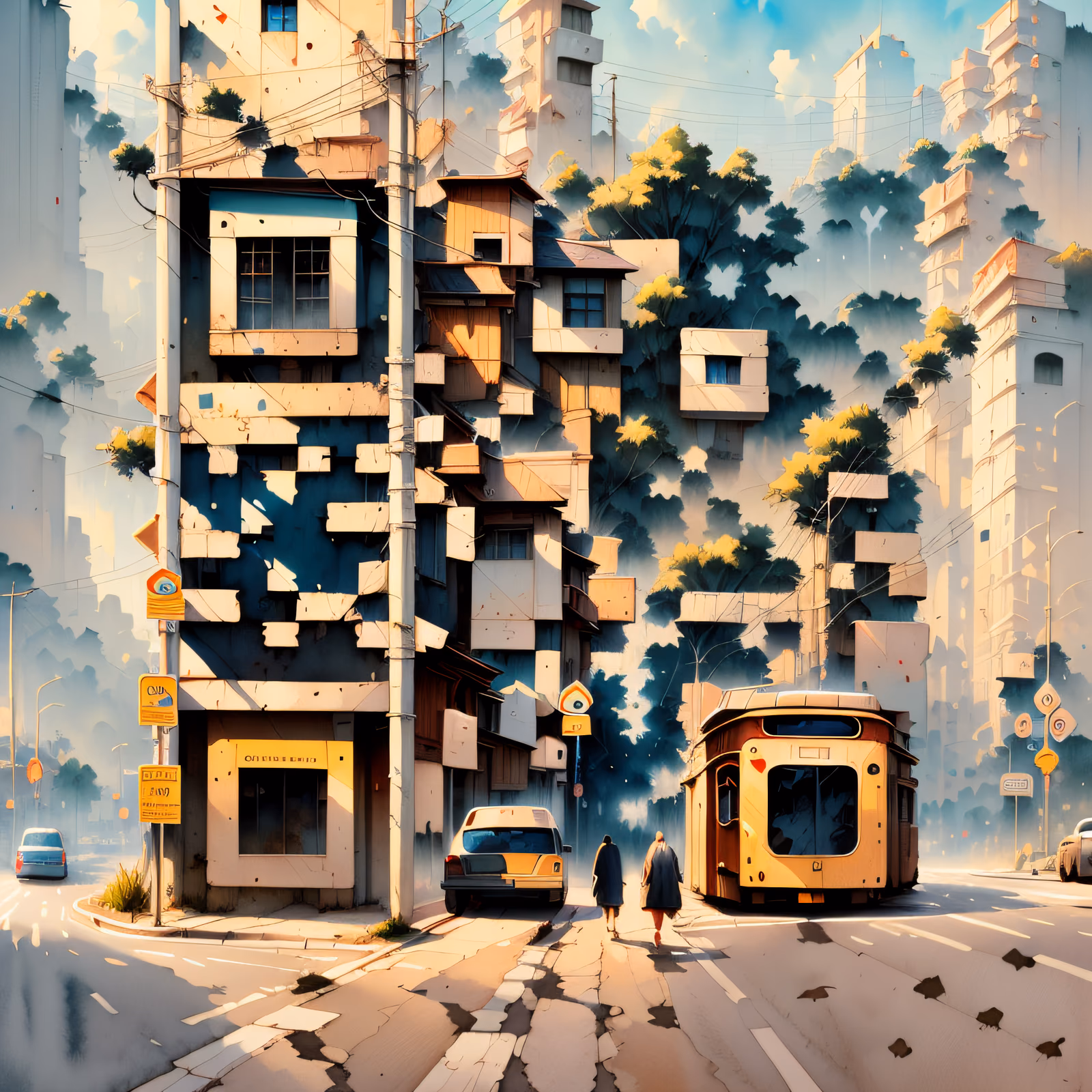 Misty Street Scene Watercolor QR Code Art — image 1