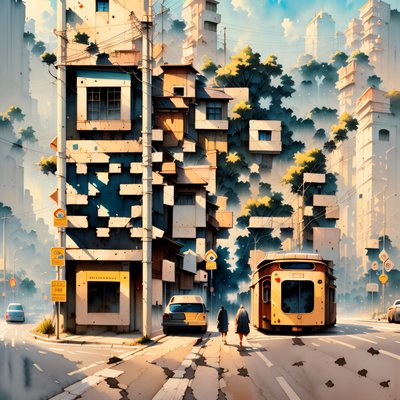 Misty Street Scene Watercolor QR Code Art