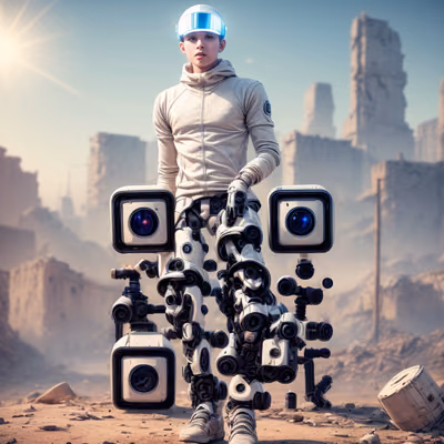Cyborg Boy in Wasteland Digital QR Code for Posters — image 1