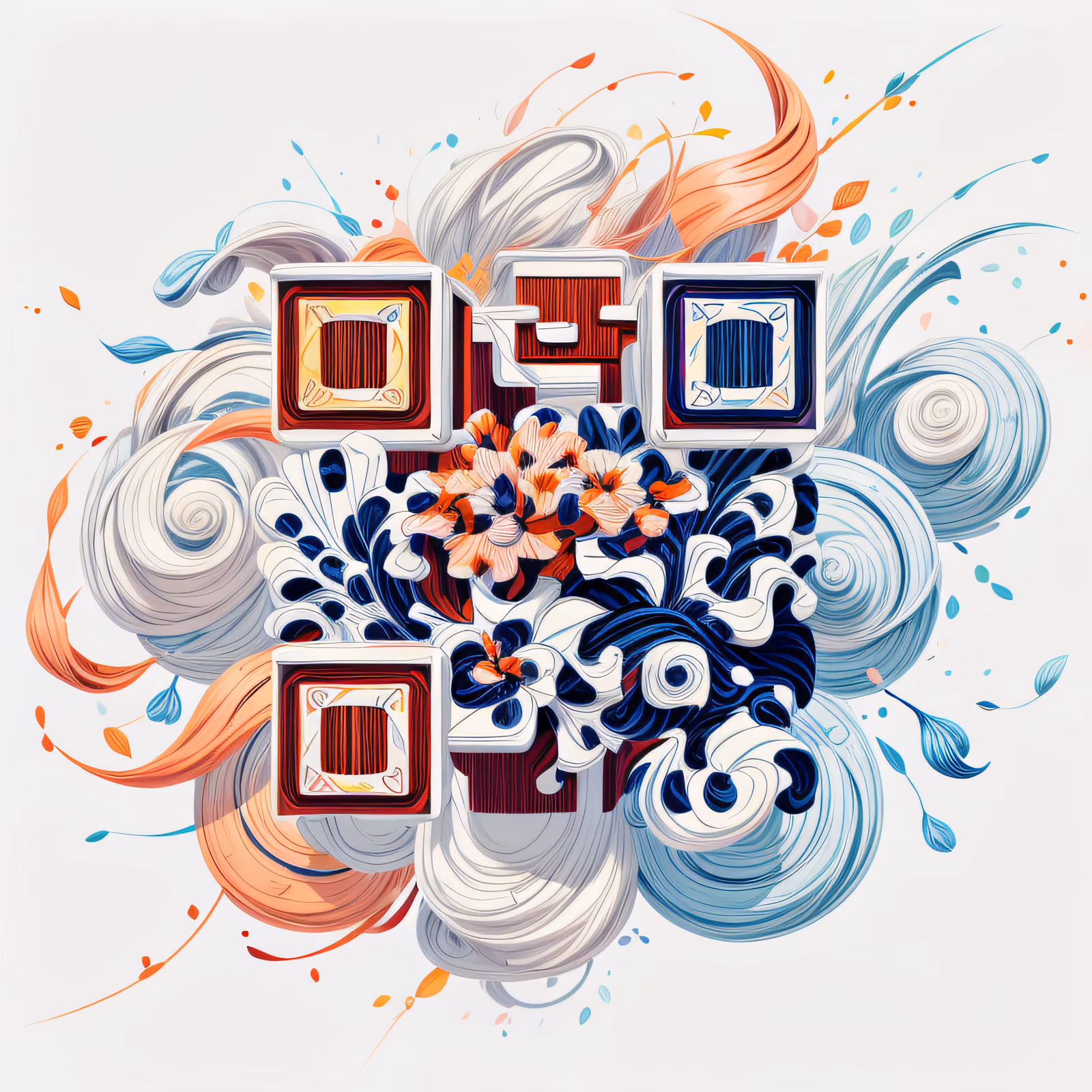 花卉漩涡卡通插画二维码艺术 — 图片 1
