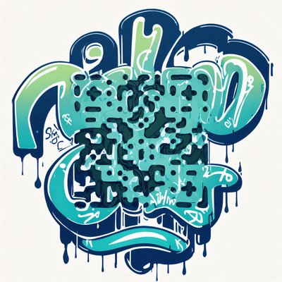 QR-код с бирюзовым граффити и подтёками для наклеек