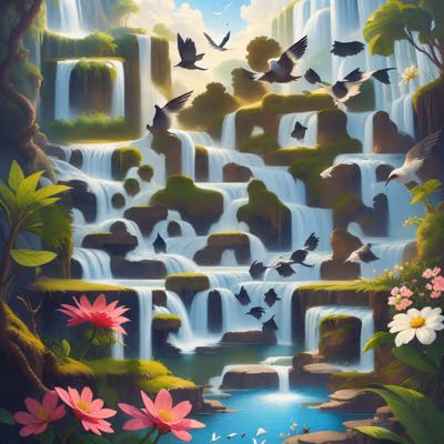 Jungle Waterfall Birds Digital Painting QR Code Art — image 1