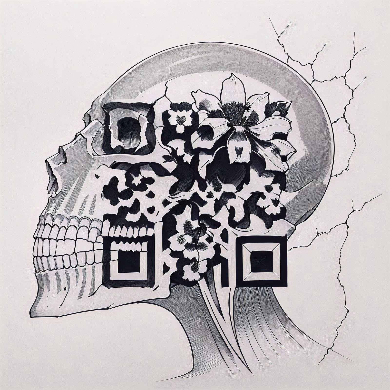 Череп с цветами и трещинами: QR-код для временных татуировок — изображение 1