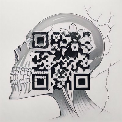 Череп с цветами и трещинами: QR-код для временных татуировок