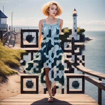 海边木栈道上的女子,写实风格二维码艺术 — 图片 1