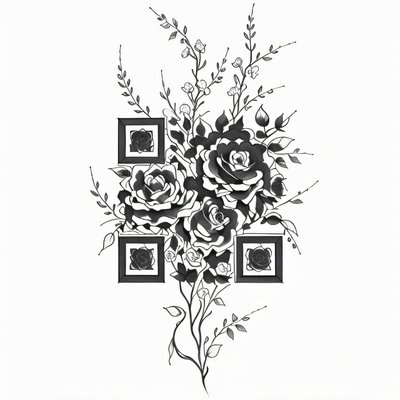 玫瑰藤蔓墨线纹身二维码艺术,适用于临时纹身