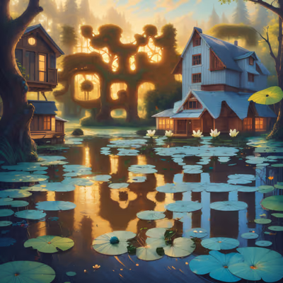 Lakeside Cabin Fantasy Painting QR Code Art — image 1