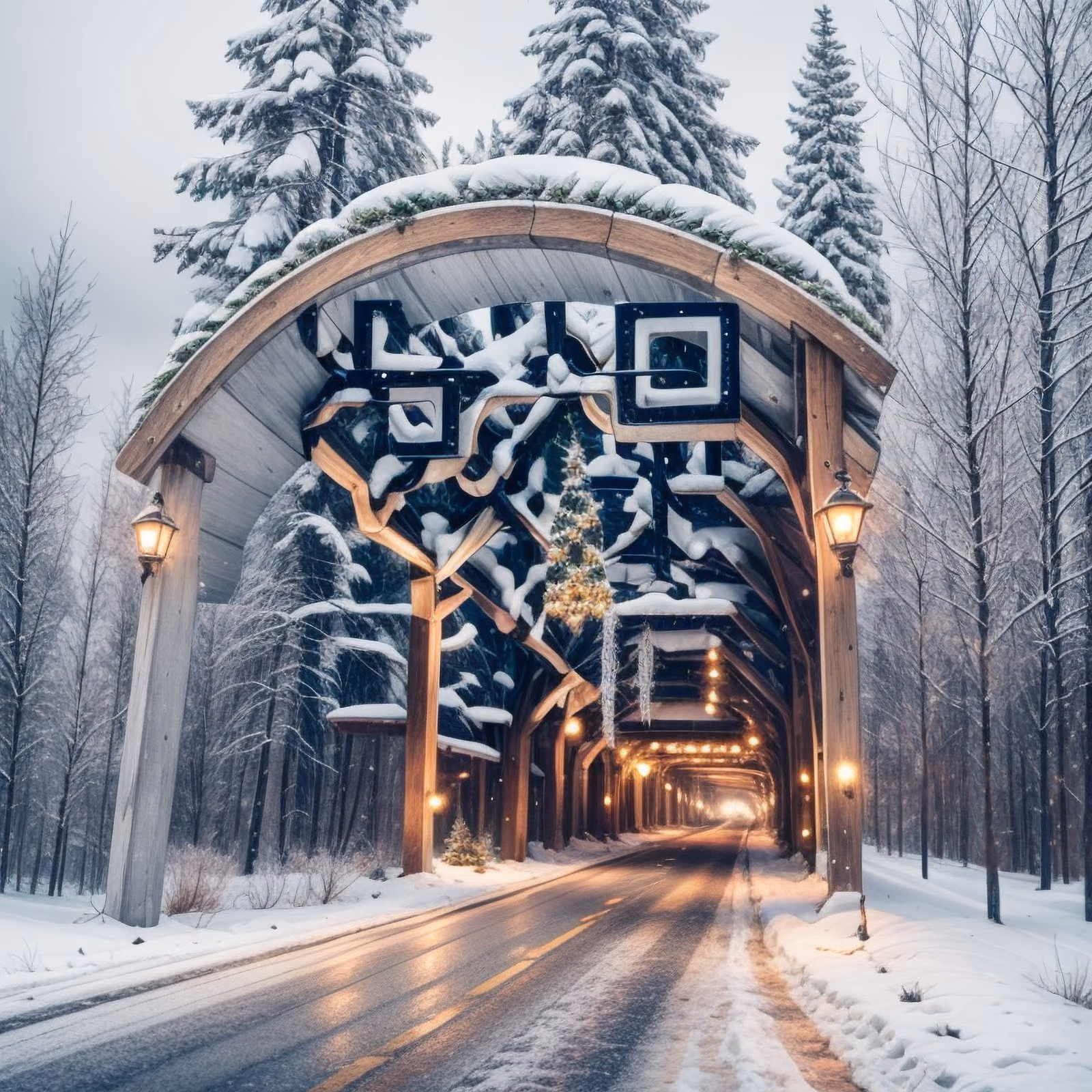 Snowy Christmas Tunnel Road QR Code for Posters — image 1
