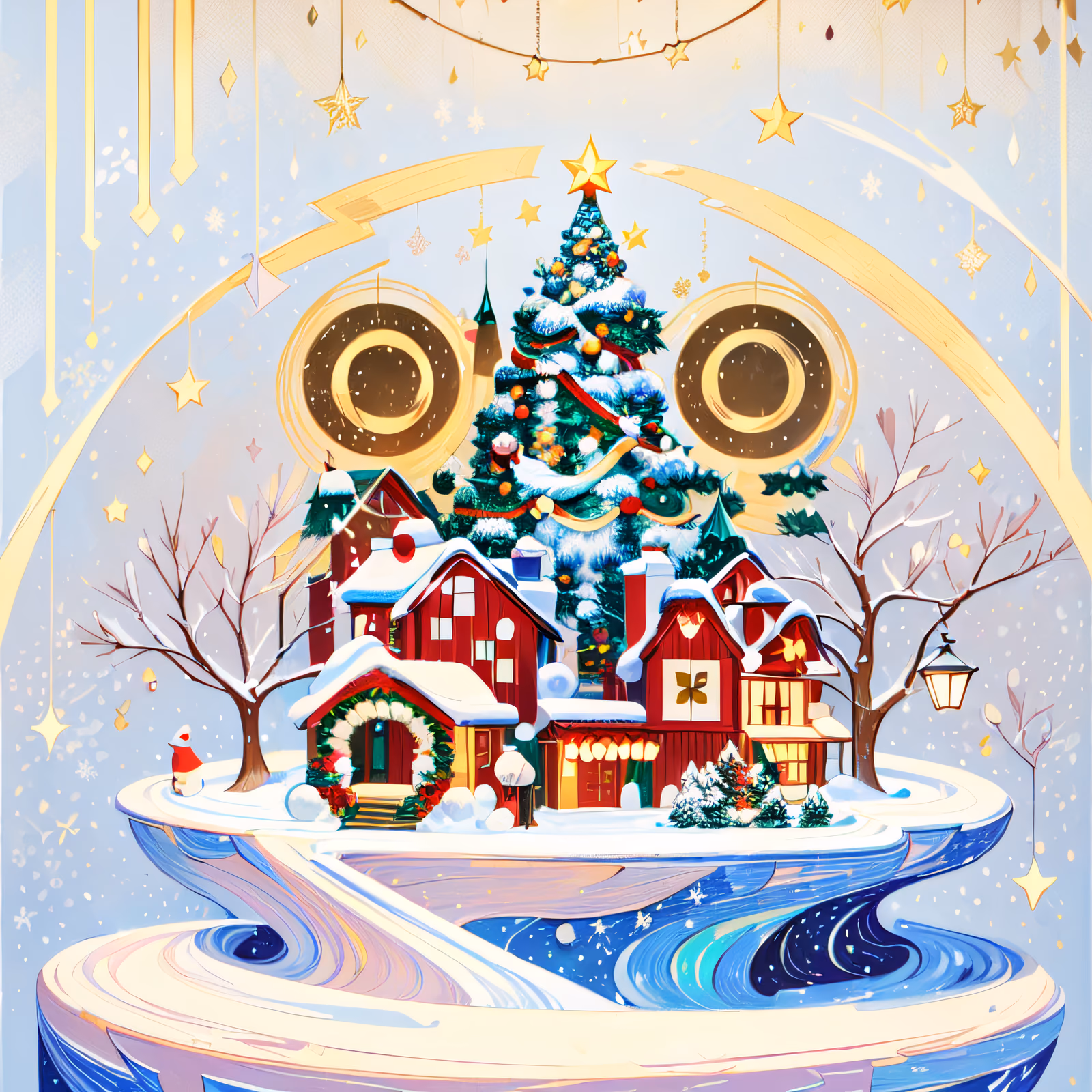 Snowy Christmas Village Illustration Christmas Tree QR Code for Greeting Cards — image 1