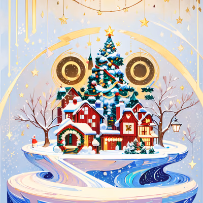 Snowy Christmas Village Illustration Christmas Tree QR Code for Greeting Cards — image 1