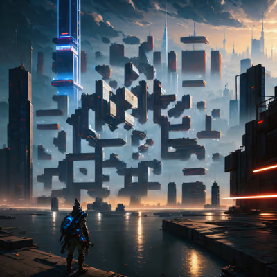 Cyberpunk Skyline Floating Blocks QR Code for Posters — image 1