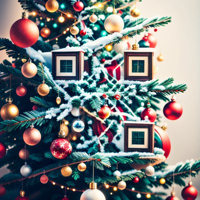 Заснеженная ёлка с игрушками: QR-код для открыток