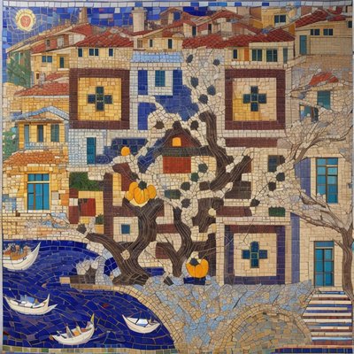 Mediterranean Village Mosaic Tree QR Code Art